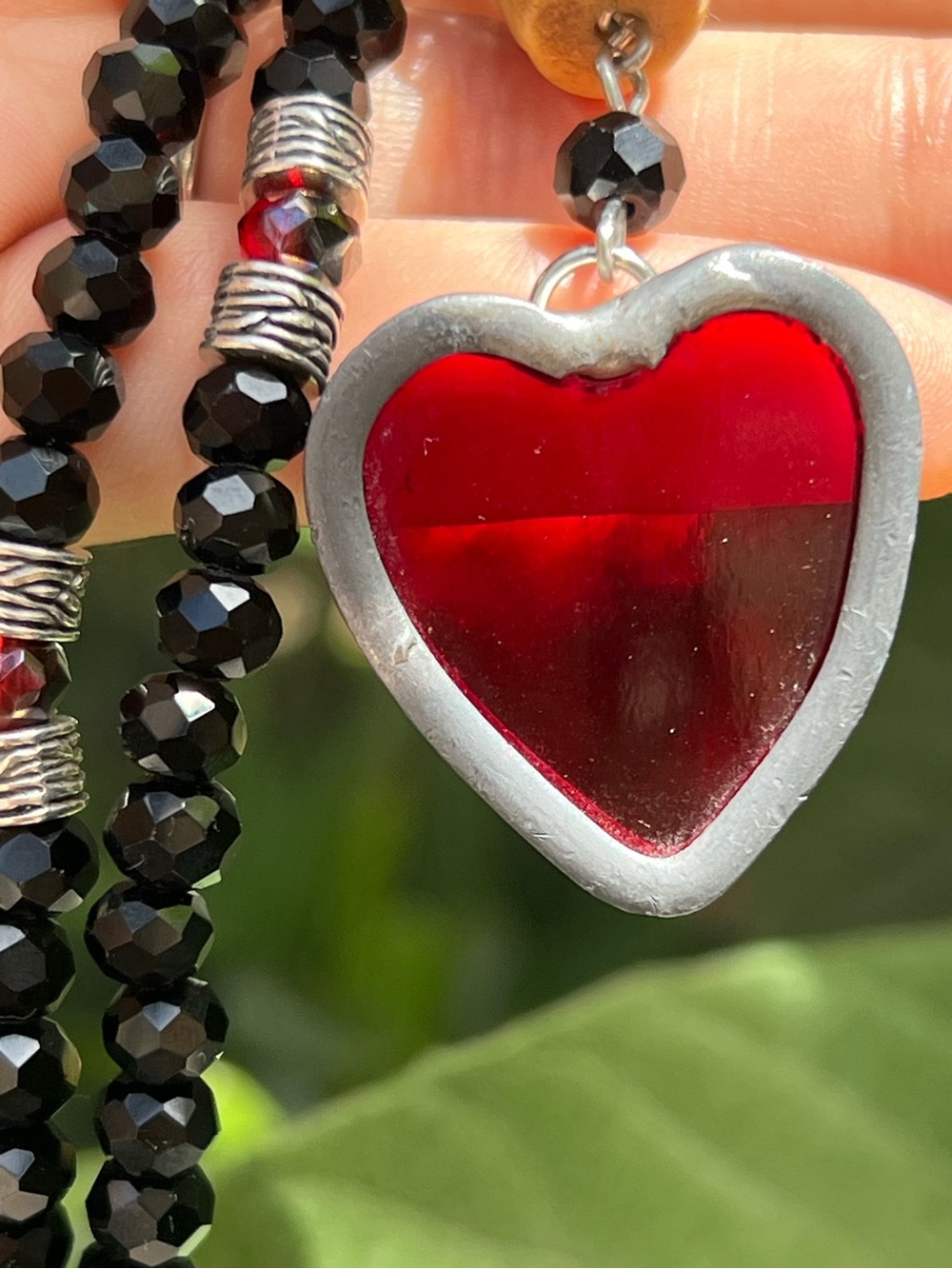 Handcrafted Black Crystal Bead Necklace with Red Steampunk Heart Pendant & Skull - Picture 8 of 12